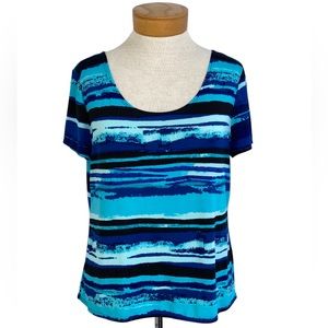 Kim Rogers Blue Turquoise Print Short Sleeve Shirt Med